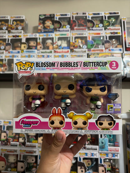 Powerpuff Girls Diamond Glitter 3-Pack Funko Pop! figures from Ralphie's Funhouse, featuring colorful cartoon character collectibles.