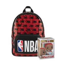 NBA stadium bag and POP! Dennis Rodman figure set by Ralphie's Funhouse, featuring a branded bag and collectible Dennis Rodman figurine.