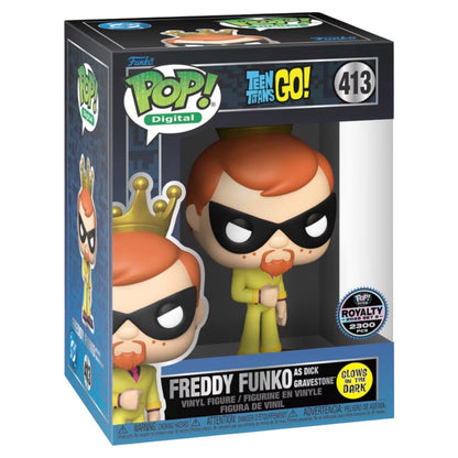 Pop! Teen Titans Go! Freddy Funko as Dick Gravestone NFT collectible by Ralphie's Funhouse showing the character with detailed design.