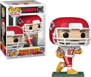 Pop! Football Kansas City Chiefs Travis Kelce away figure by Ralphie's Funhouse on a white background.