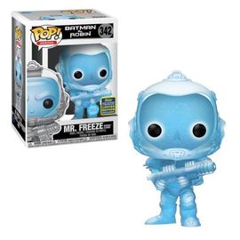 Pop! Heroes DC Entertainment Mr. Freeze, Batman, and Robin glitter figures from Ralphie's Funhouse for summer convention display.