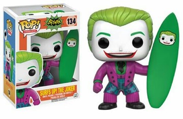 Pop! Heroes DC's Batman and The Joker figures from Ralphie's Funhouse, inspired by classic 1966 TV surfing scene.