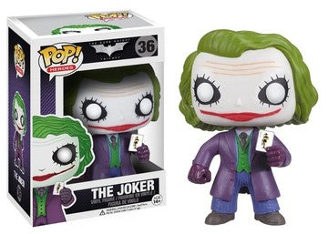 Funko Pop! Heroes figure of The Joker from DC's The Dark Knight, showcasing a detailed, stylized collectible toy on a display stand.