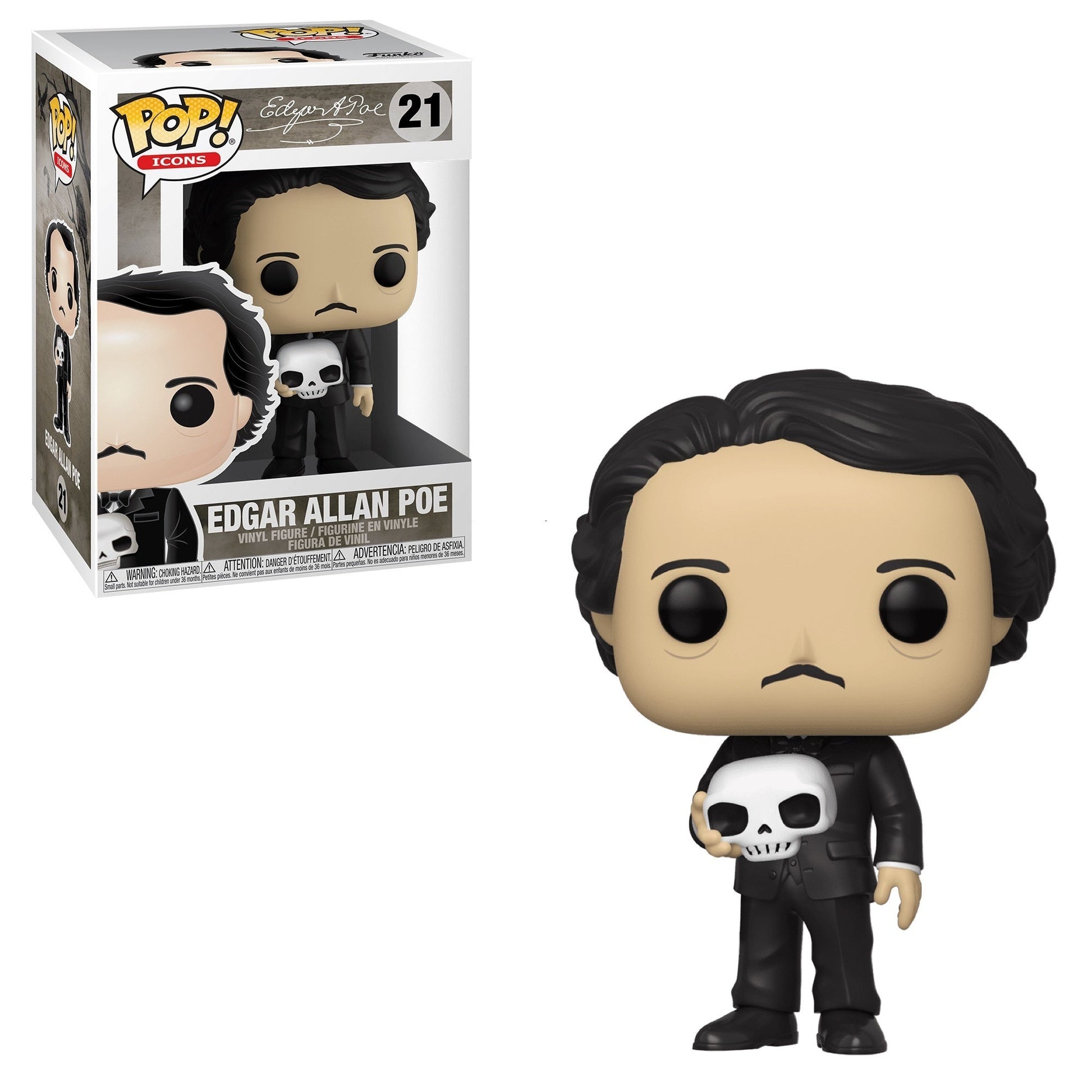 Pop! Icons Edgar Allan Poe skull figure from Ralphie's Funhouse, featuring a stylized skull inspired by the famous author.
