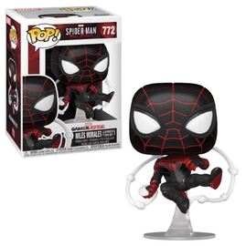 Pop! Marvel Miles Morales figure in advanced tech suit, detailed design, featuring vibrant colors and dynamic pose.