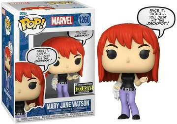 Pop! Marvel Spider-Man Mary Jane Watson figure with speech bubble, collectible toy from Ralphie's Funhouse, exclusive entertainment item.