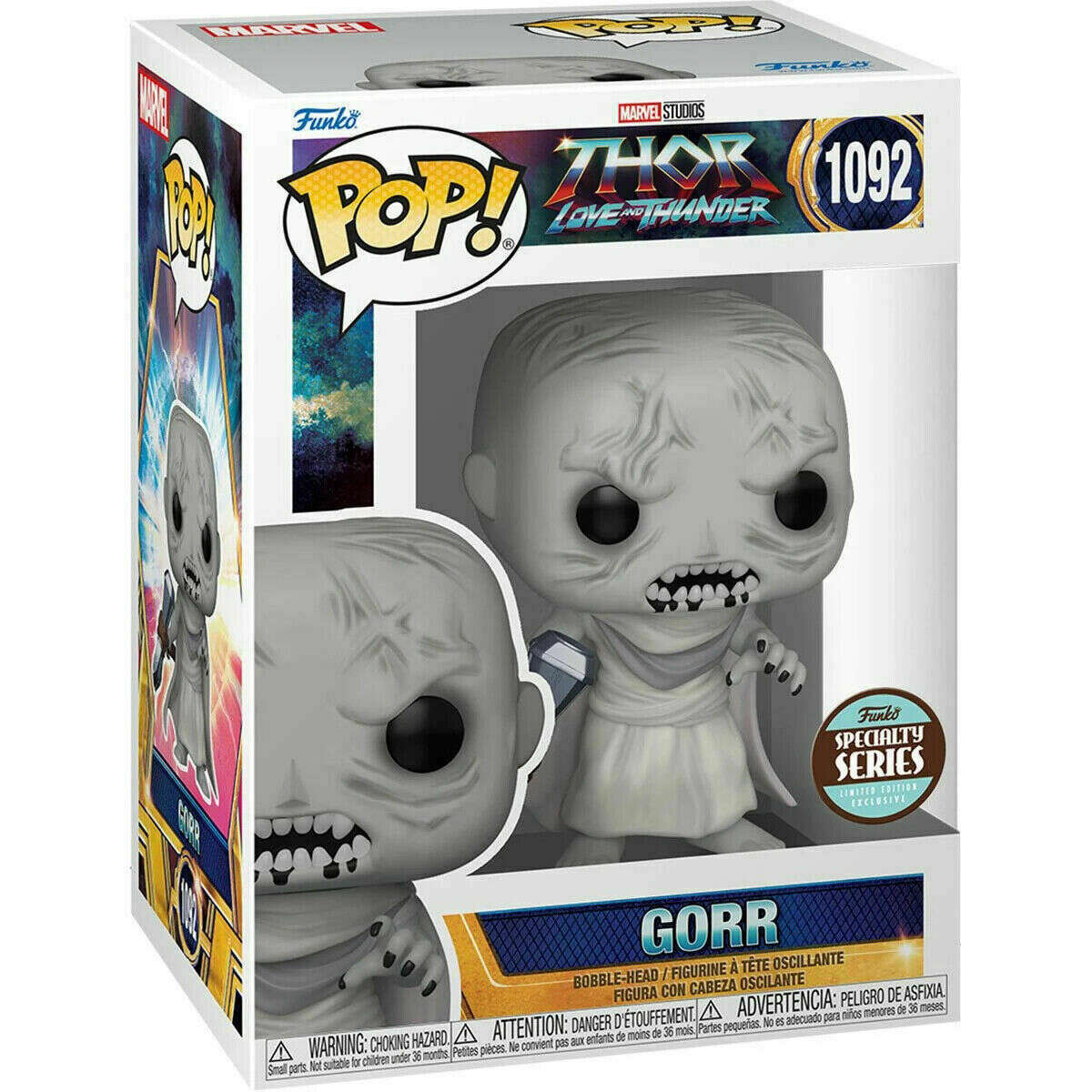 Pop! Marvel Thor Love and Thunder Gorr figure with Stormbreaker, Specialty Series Exclusive, featuring detailed design and vibrant colors.