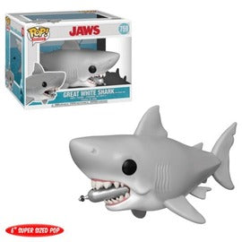 Pop! Movies JAWS Great White Shark figure with diving tank from Ralphie's Funhouse, detailed collectible toy for fans.