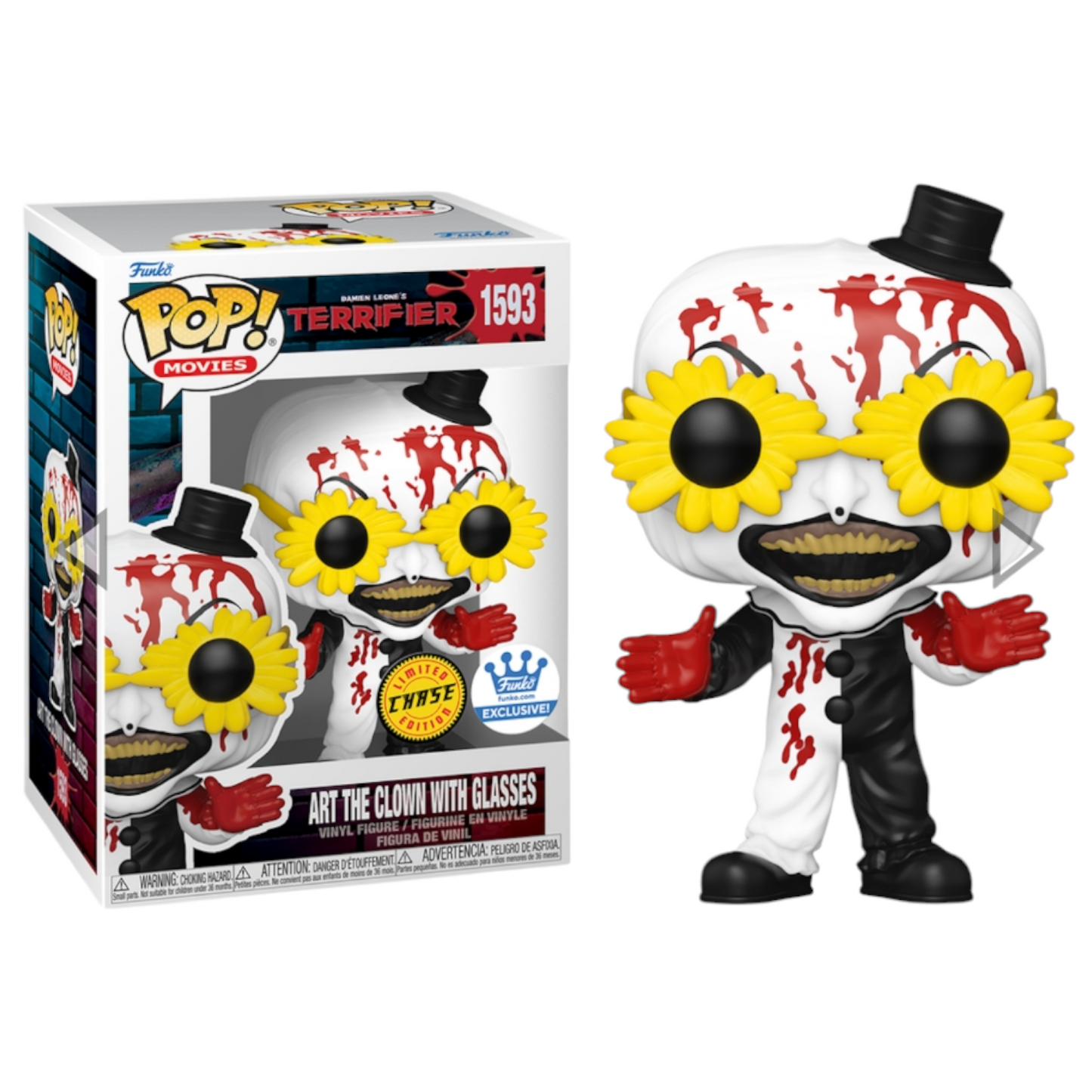 Funko Pop! Movies: Terrifier Art the Clown with glasses, bloody chase figure, collectible toy from Ralphie's Funhouse.