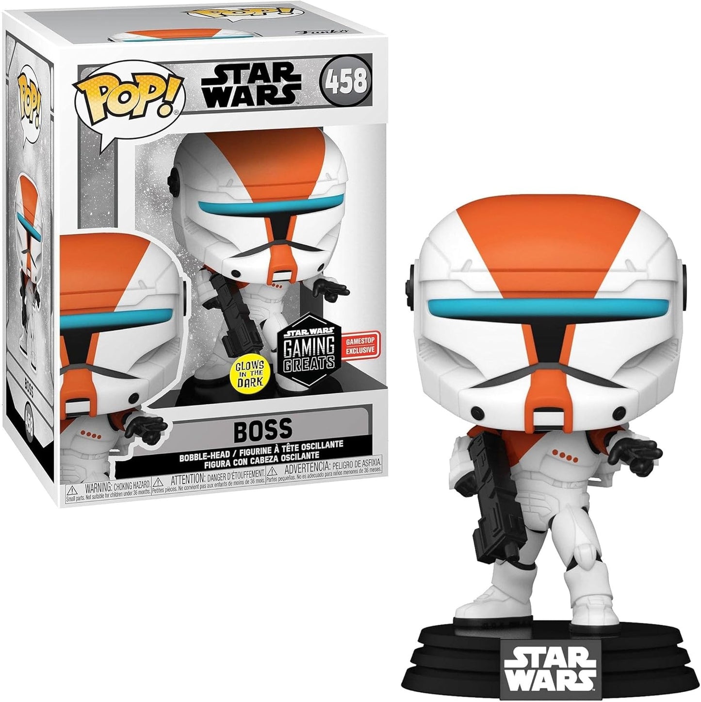 Star Wars Republic Commando Boss POP! vinyl figure with glow effect, collectible toy from Ralphie's Funhouse.