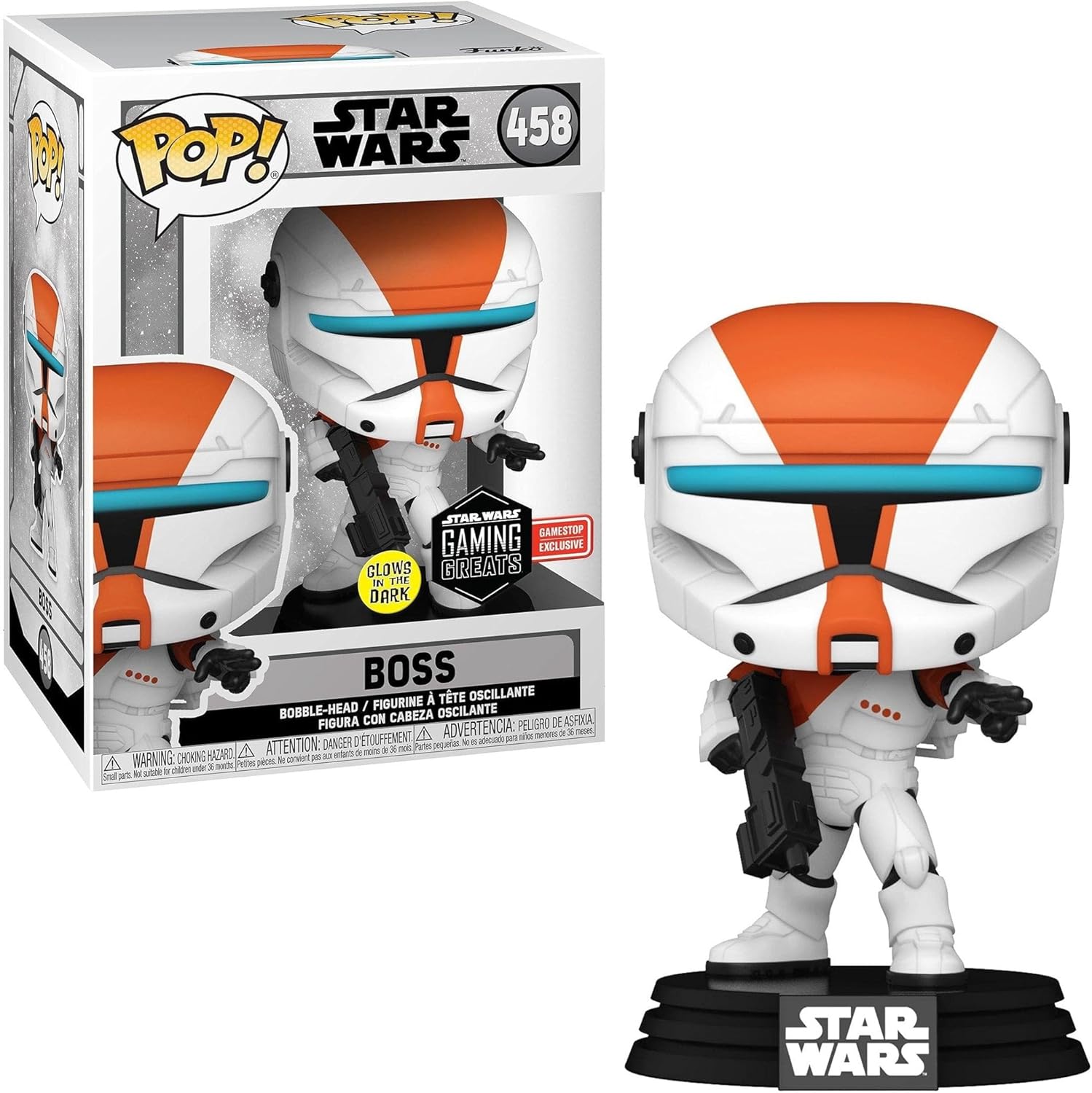 Star Wars Republic Commando Boss POP! vinyl figure with glow effect, collectible toy from Ralphie's Funhouse.