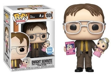 Dwight Schrute vinyl figure from The Office holding a princess unicorn doll, collectible pop culture toy by Ralphie's Funhouse.