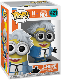Pop! Vinyl J-Hope Minion figure from Despicable Me 4, featuring a yellow Minion with J-Hope themed attire, by Ralphie's Funhouse.
