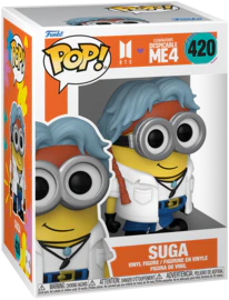 Pop! Vinyl figure of Suga Minion from Despicable Me 4, featuring yellow Minion character with goggles and overalls.