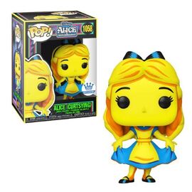 Pop! Vinyl Disney Alice in Wonderland figure of Alice curtsying with blacklight effect, by Ralphie's Funhouse.
