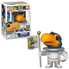 Pop! Vinyl Funko Originals Toucan astronaut figure in white, detailed with space helmet and colorful feathers, designed for summer convention.