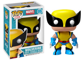 Pop! Vinyl Marvel Wolverine figure with large font logo, detailed figure showcasing Wolverine’s iconic claws and costume.