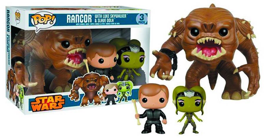 Star Wars Pop! Vinyl 3-Pack featuring Rancor, Luke Skywalker, and Slave Oola figures from Ralphie's Funhouse 2016 release.