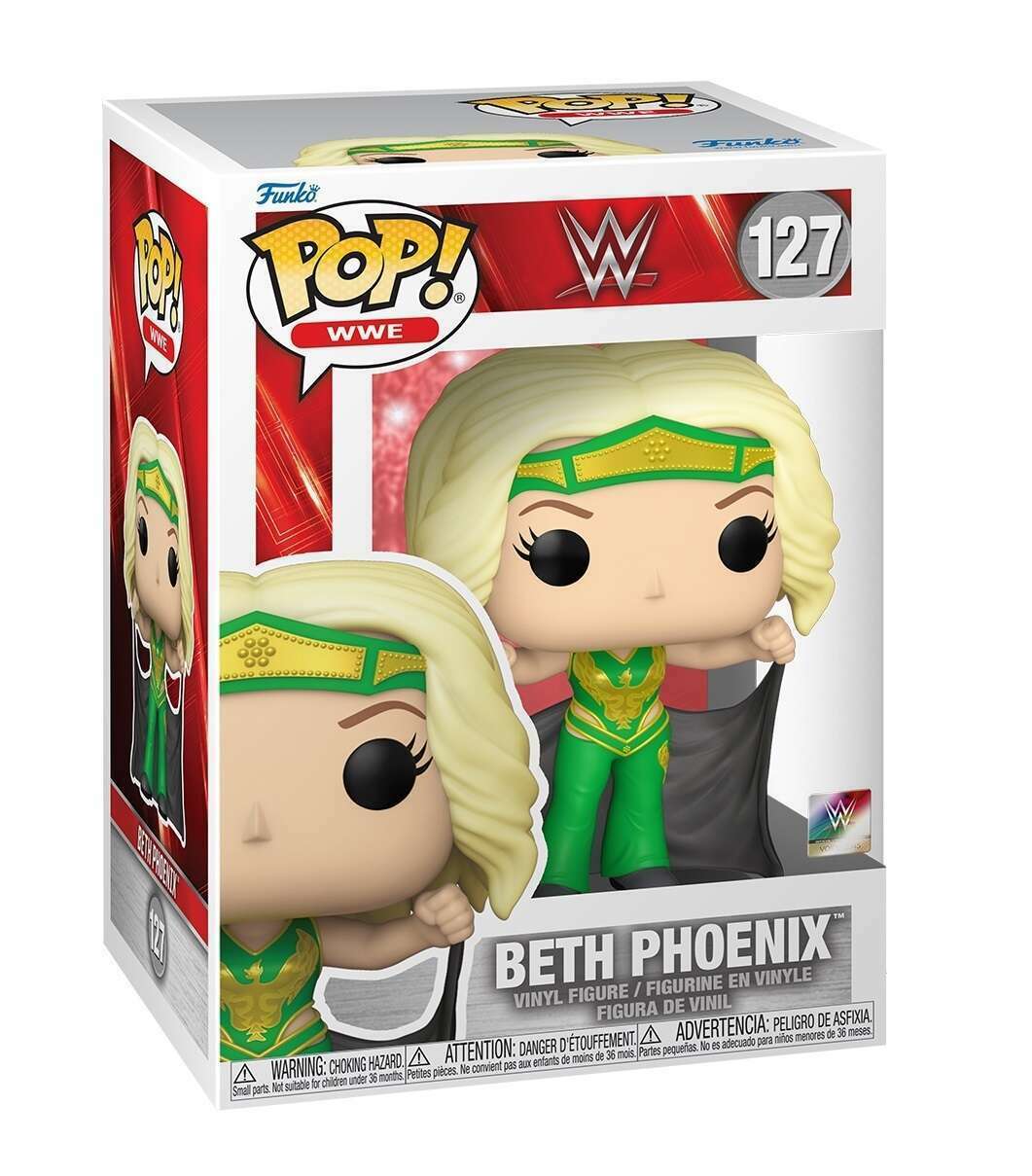 Beth Phoenix Pop! WWE figure in green SmackDown outfit, featuring detailed wrestling attire and accessories.