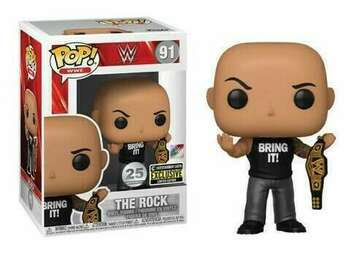 Pop! WWE The Rock action figure by Ralphie's Funhouse, featuring The Rock in Bring It! attire, exclusive Entertainment Earth collectible.