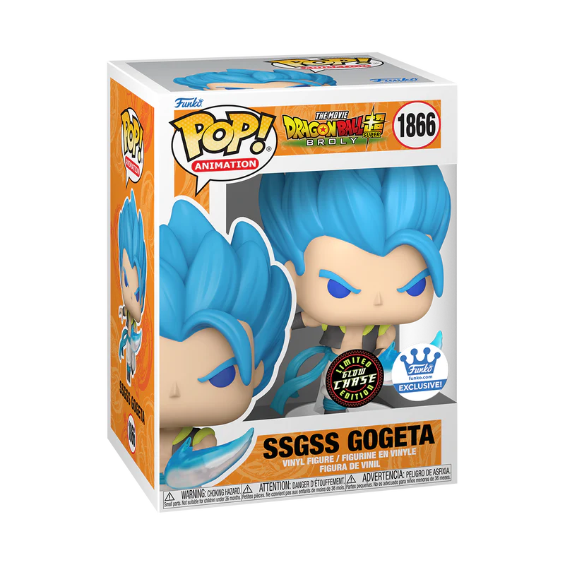 Glow-in-the-dark SSGSS Gogeta POP! Animation figure from Dragon Ball Super, Funko Shop Exclusive, detailed collectible toy image.