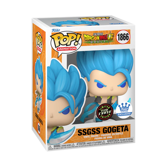 Glow-in-the-dark SSGSS Gogeta POP! Animation figure from Dragon Ball Super, Funko Shop Exclusive, detailed collectible toy image.