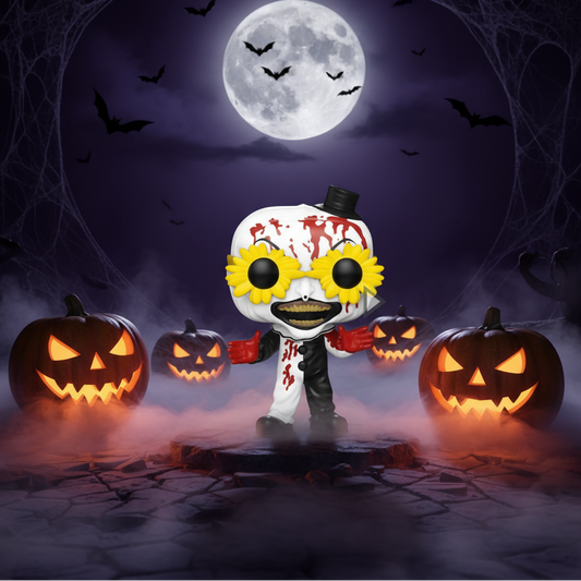 Funko Pop! Movies: Terrifier Art the Clown with Glasses, exclusive collectible figure from Ralphie's Funhouse, with bloody chase detail.