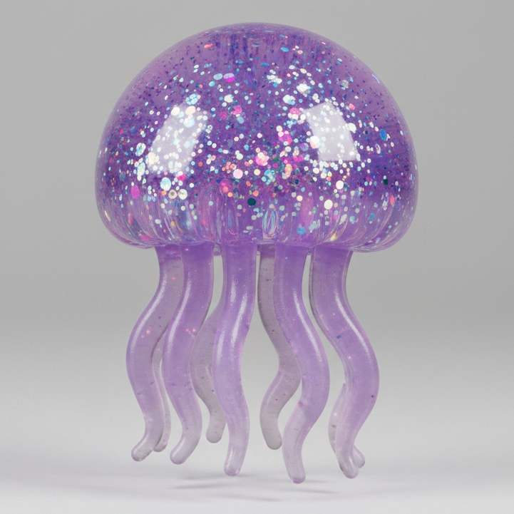 Purple jellyfish slow-rising squish toy with tentacles from Ralphie's Funhouse, soft and squeezable for stress relief.