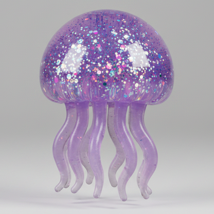 Purple jellyfish slow-rising squish toy with tentacles from Ralphie's Funhouse, soft and squeezable for stress relief.