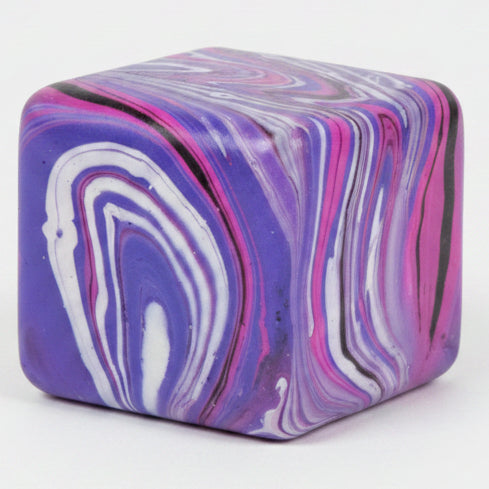 Purple and pink swirl squeeze cube from Ralphie's Funhouse, super slow-rising squish toy with vibrant color design
