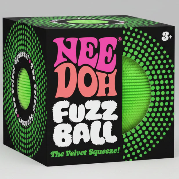 Green velvet Nee-Doh Fuzz Ball by Ralphie's Funhouse, a soft squeeze toy with fuzzy texture for sensory play.