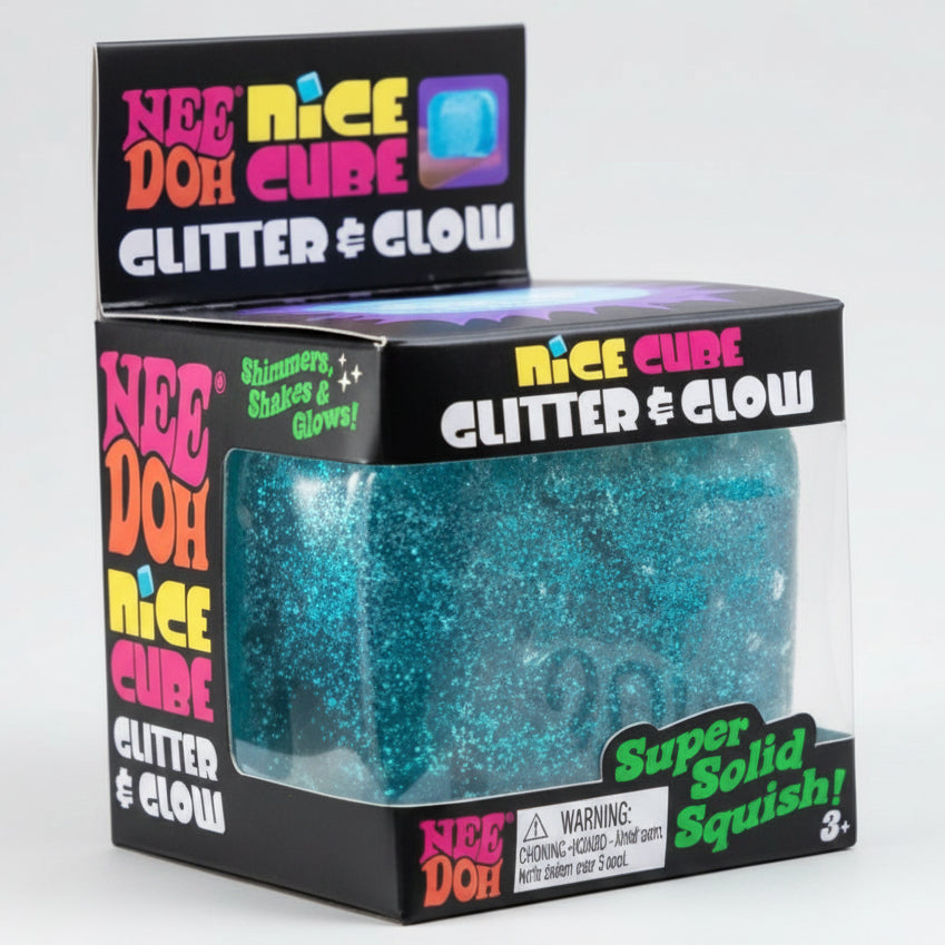 Blue Schylling Nee-Doh Glitter and Glow Nice Cube toy with shimmering glitter and glowing effects, designed for sensory play.