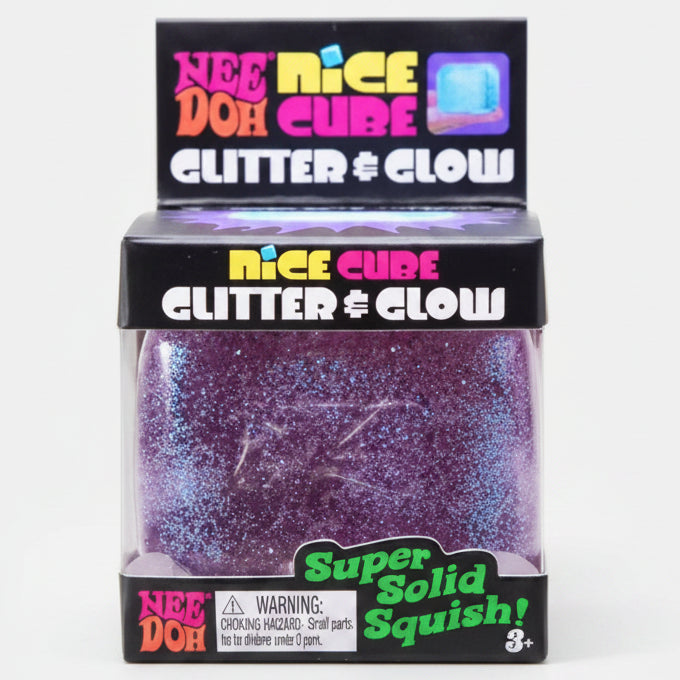 Purple Schylling Nee-Doh Glitter and Glow Nice Cube toy by Ralphie's Funhouse, featuring a textured, glittery surface in a cube shape.