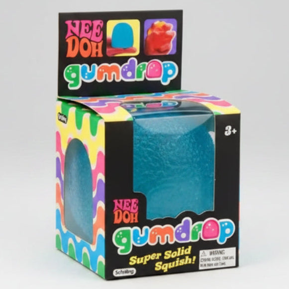 Blue Schylling Nee-Doh Gum Drop Super Solid Squish toy from Ralphie's Funhouse, soft and squeezable with a gum drop shape.