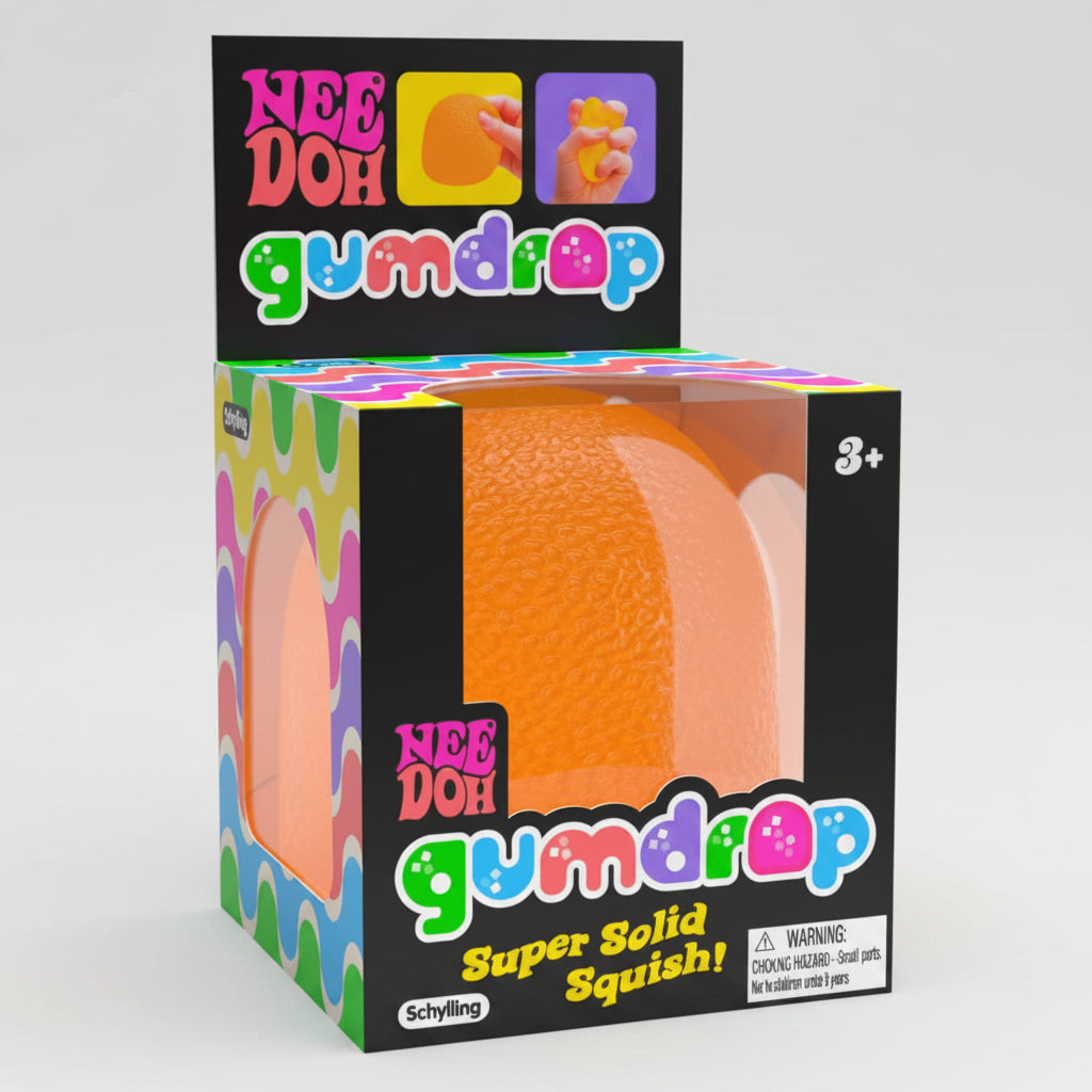 Orange Nee-Doh Gum Drop super solid squish toy from Schylling, designed by Ralphie's Funhouse, for sensory squeezing fun.