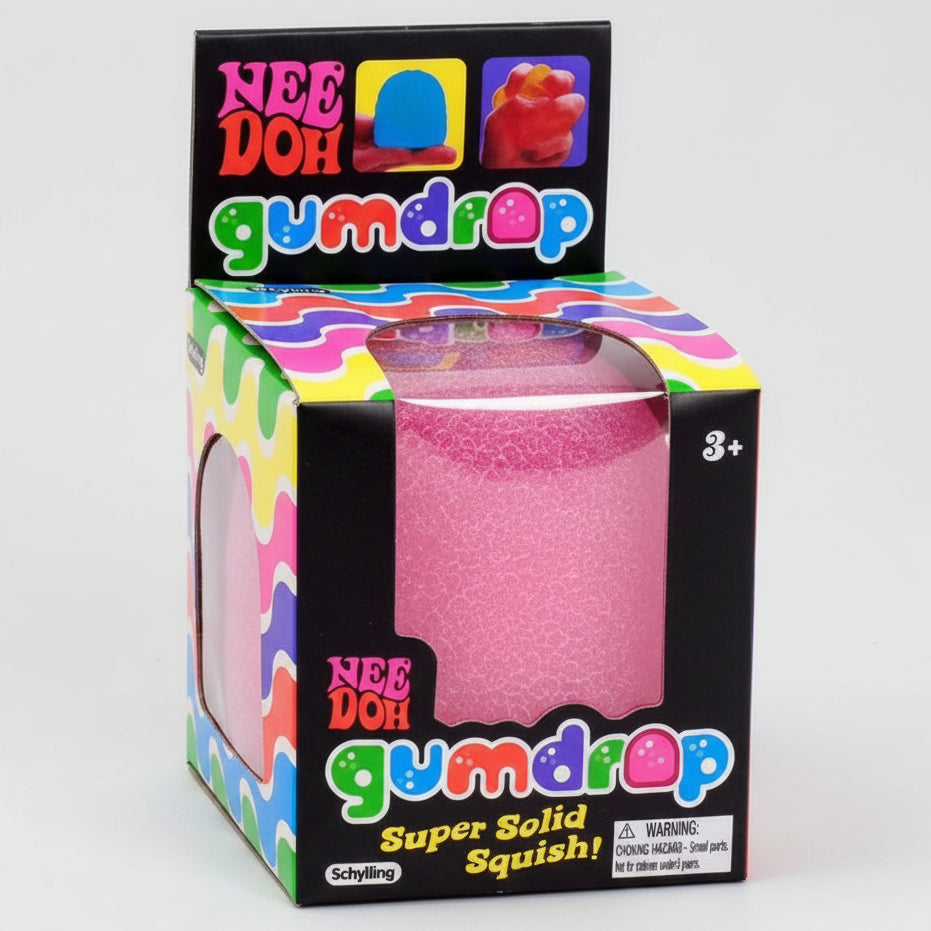 Pink Nee-Doh Gum Drop super solid squish toy by Ralphie's Funhouse, soft and squeezable pink sensory stress relief toy.