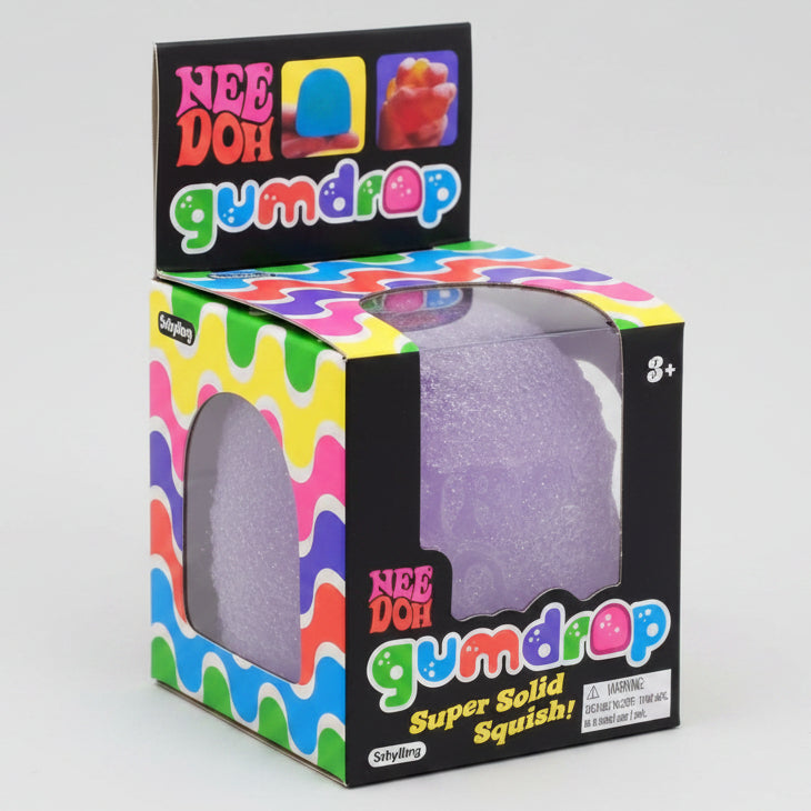 Purple Schylling Nee-Doh Gum Drop Super Solid Squish toy from Ralphie's Funhouse, shown in a close-up image.