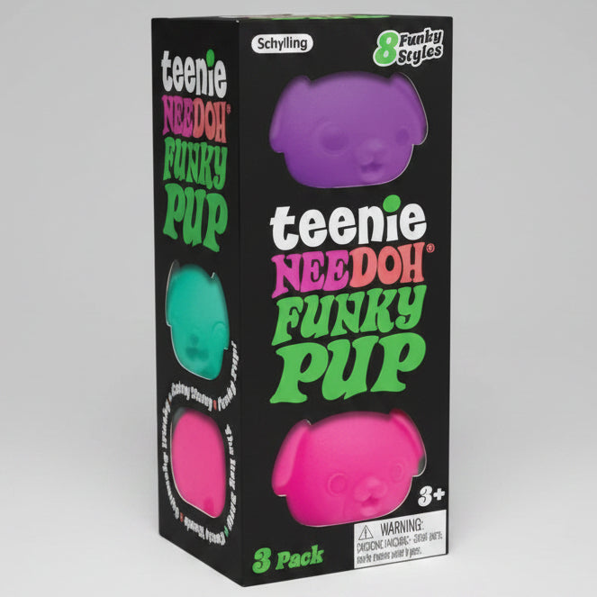 Schylling Nee-Doh Teenie Funky Pups 3-pack with purple, blue, and pink squishy stress toys, made by Ralphie's Funhouse.