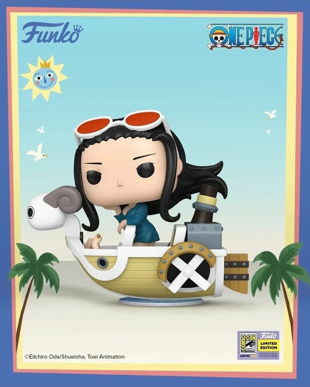 SDCC 2025 Pop! Rides One Piece Nico Robin figure with Mini Merry II, collectible Funko toy featuring detailed design and vibrant colors.
