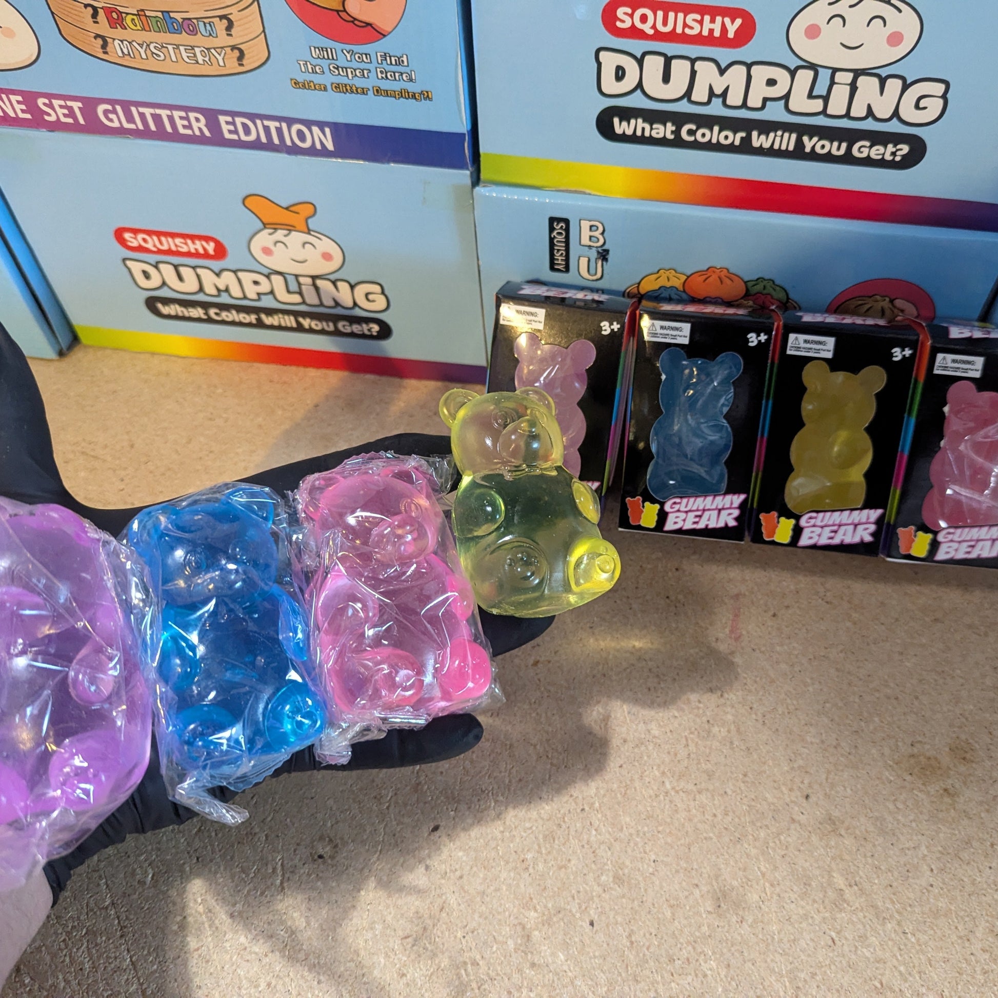 Set of four slow-rising gummy bear squish toys from Ralphie's Funhouse, colorful and soft with cute bear designs.