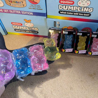 Set of four slow-rising gummy bear squish toys from Ralphie's Funhouse, colorful and soft with cute bear designs.