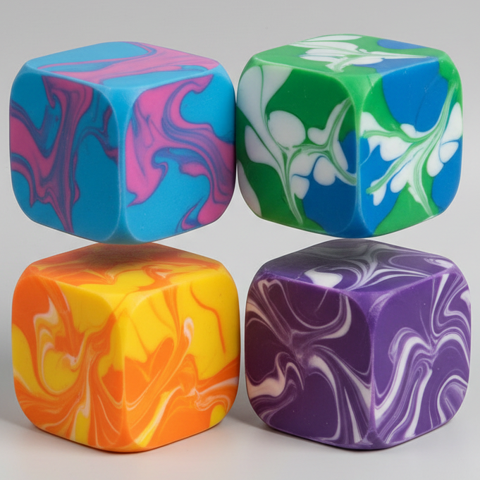 Set of four Versus Swirl Squeeze Cubes by Ralphie's Funhouse, super slow-rising squish toys in vibrant swirl designs.