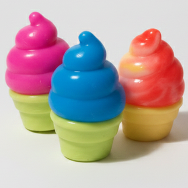 Set of three creamy ice cream cone squishy toys from Ralphie's Funhouse, slow rising and soft for sensory play.