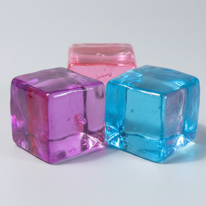 Set of three Ralphie's Funhouse Wannabe Nice Cubes, super slow-rising squish toys in vibrant colors.