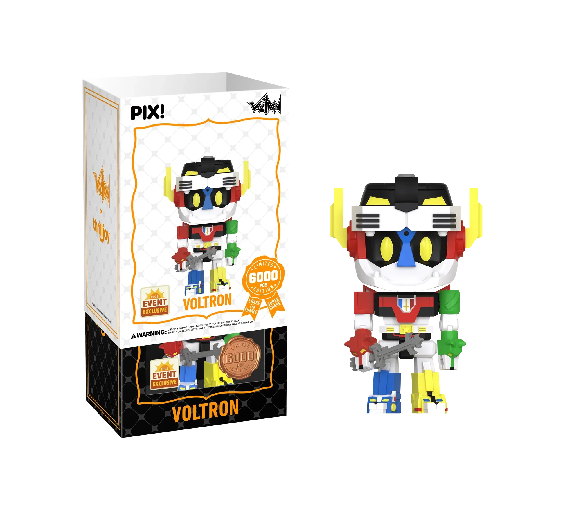 Thrilljoy exclusive Voltron Defender of the Universe PIX vinyl figure, detailed design, with a chance to find the rare chase version.
