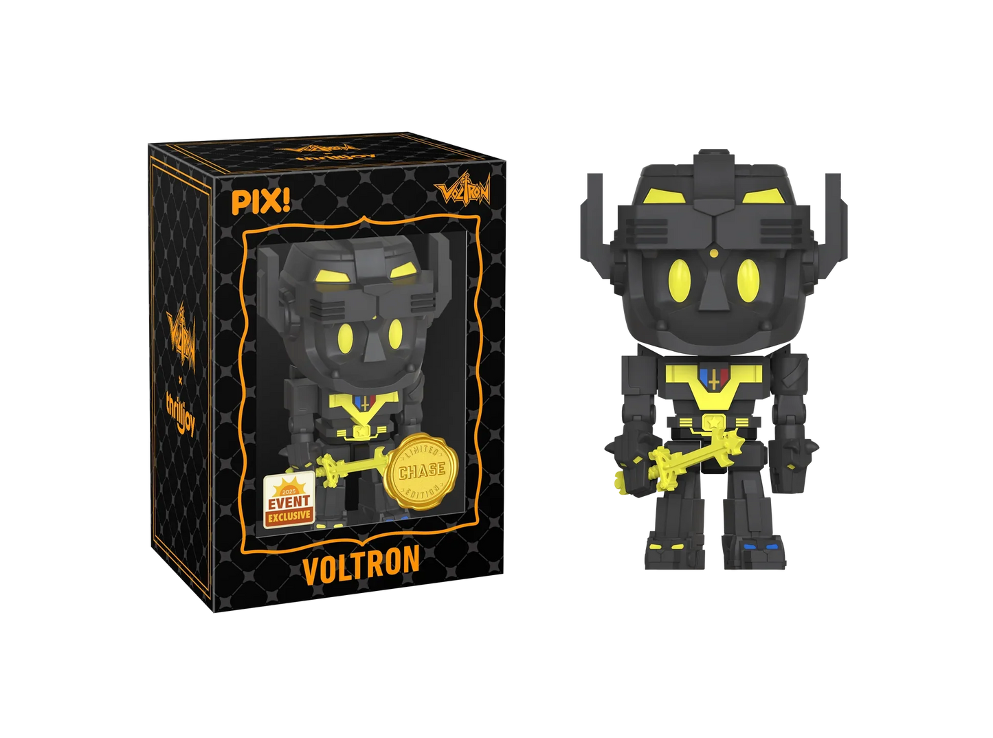 Exclusive Voltron Defender of the Universe PIX vinyl figure by Thrilljoy, featuring detailed robot design and collectible display art.