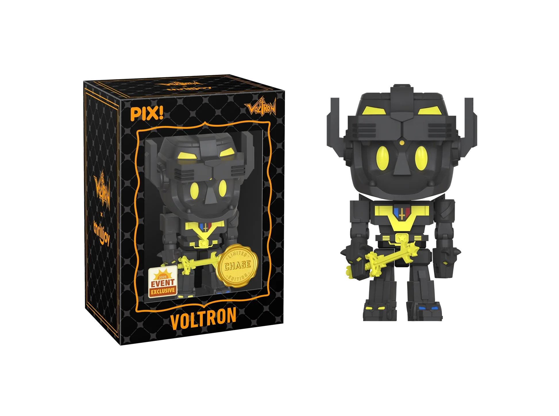 Exclusive Voltron Defender of the Universe PIX vinyl figure by Thrilljoy, featuring detailed robot design and collectible display art.