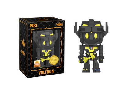 Exclusive Voltron Defender of the Universe PIX vinyl figure by Thrilljoy, featuring detailed robot design and collectible display art.