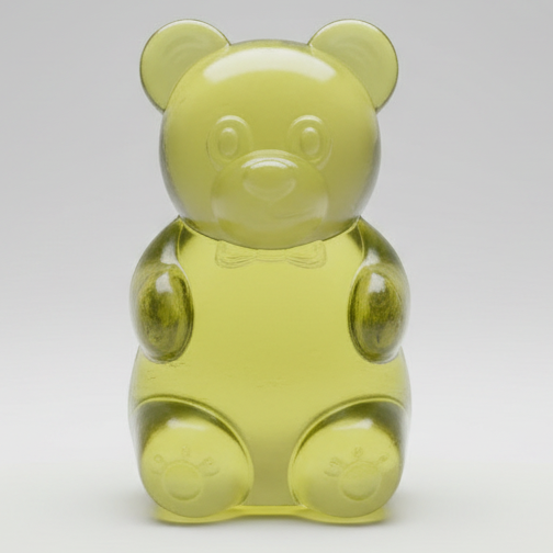Yellow Gummy Bear Squish toy from Ralphie's Funhouse, slow-rising squishy with a soft, textured surface and vibrant yellow color.