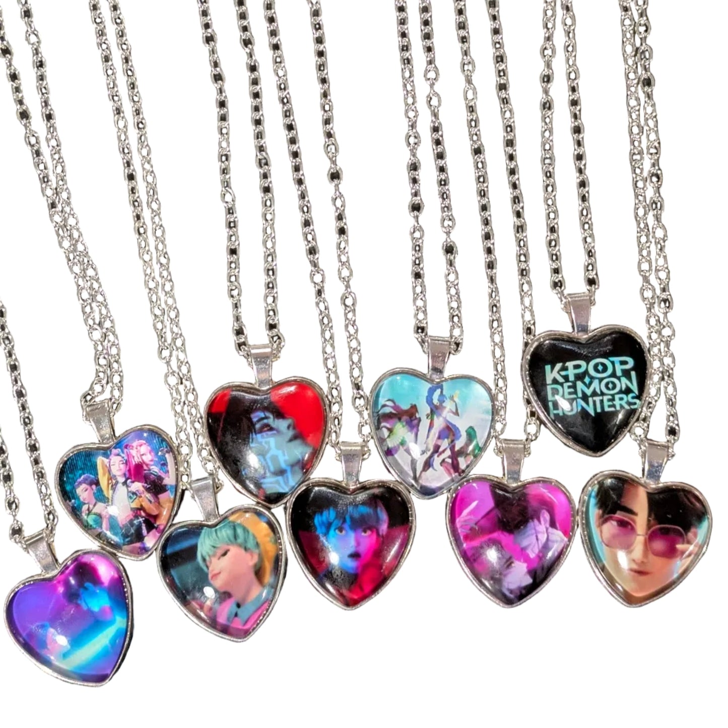 K-POP Demon Hunters Heart Pendant Necklace featuring character art from Ralphie's Funhouse, with detailed demon hunter design.
